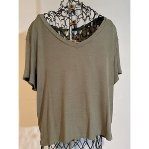 Gypsy + Jade Womens Olive Green Ribbed V-Neck Short Sleeve Top Large 5T02242